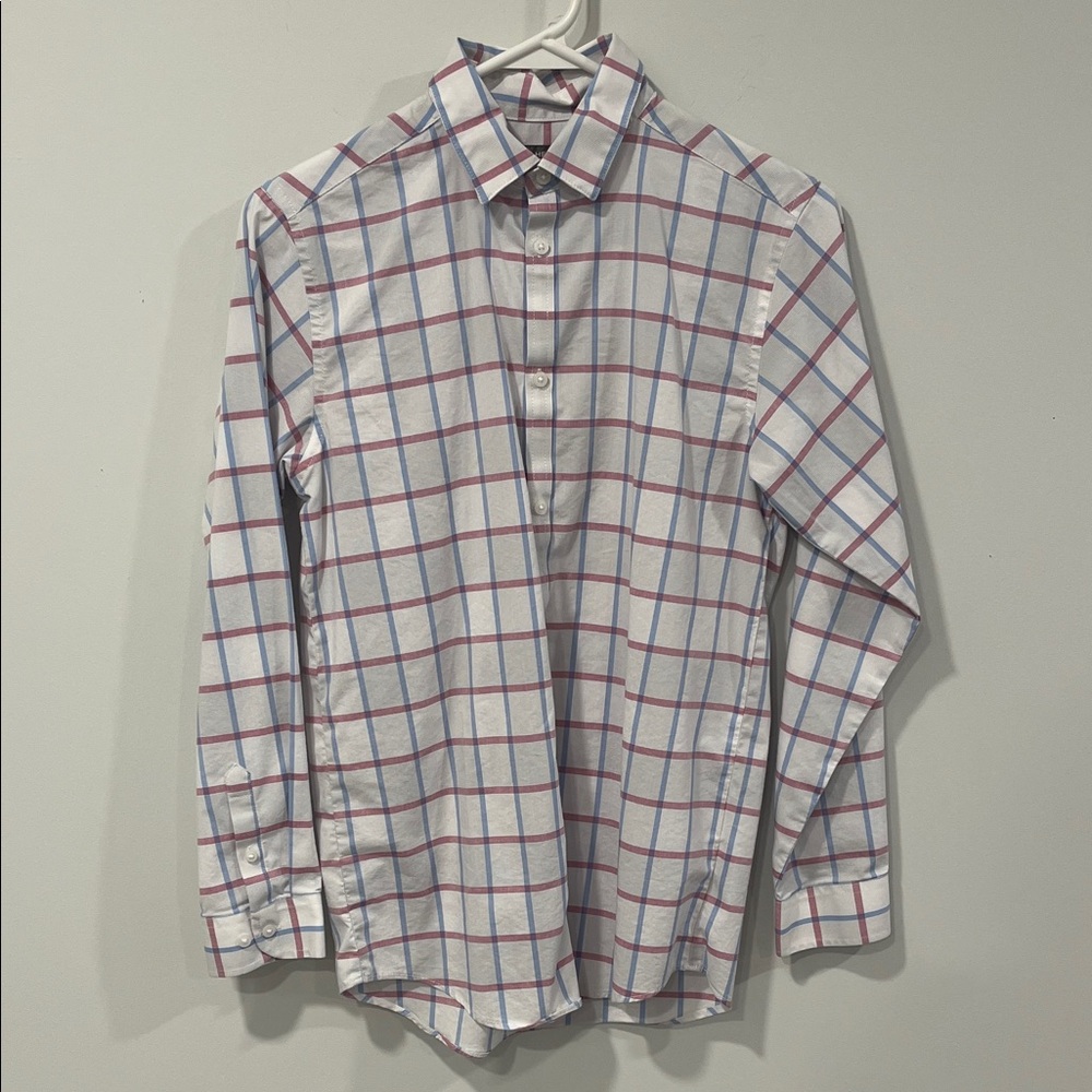 Boy’s White Button-Up Shirt with Blue and Red Windowpane Check